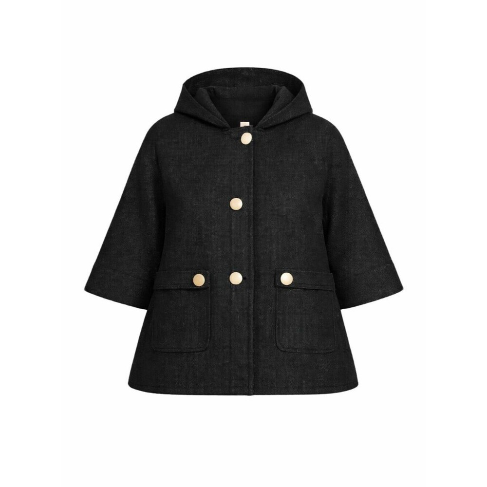 MAGASCHONI Black Jacket Size 16 Hooded 3/4 Sleeve Gold Button Lightweight Spring